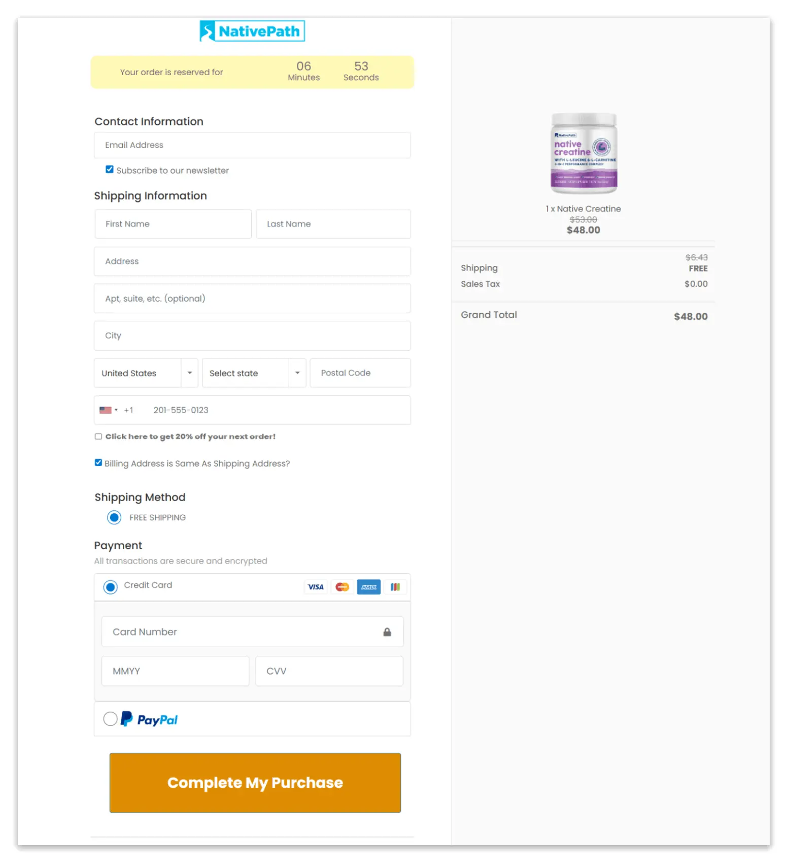 Native Path Creatine Secure Checkout Page